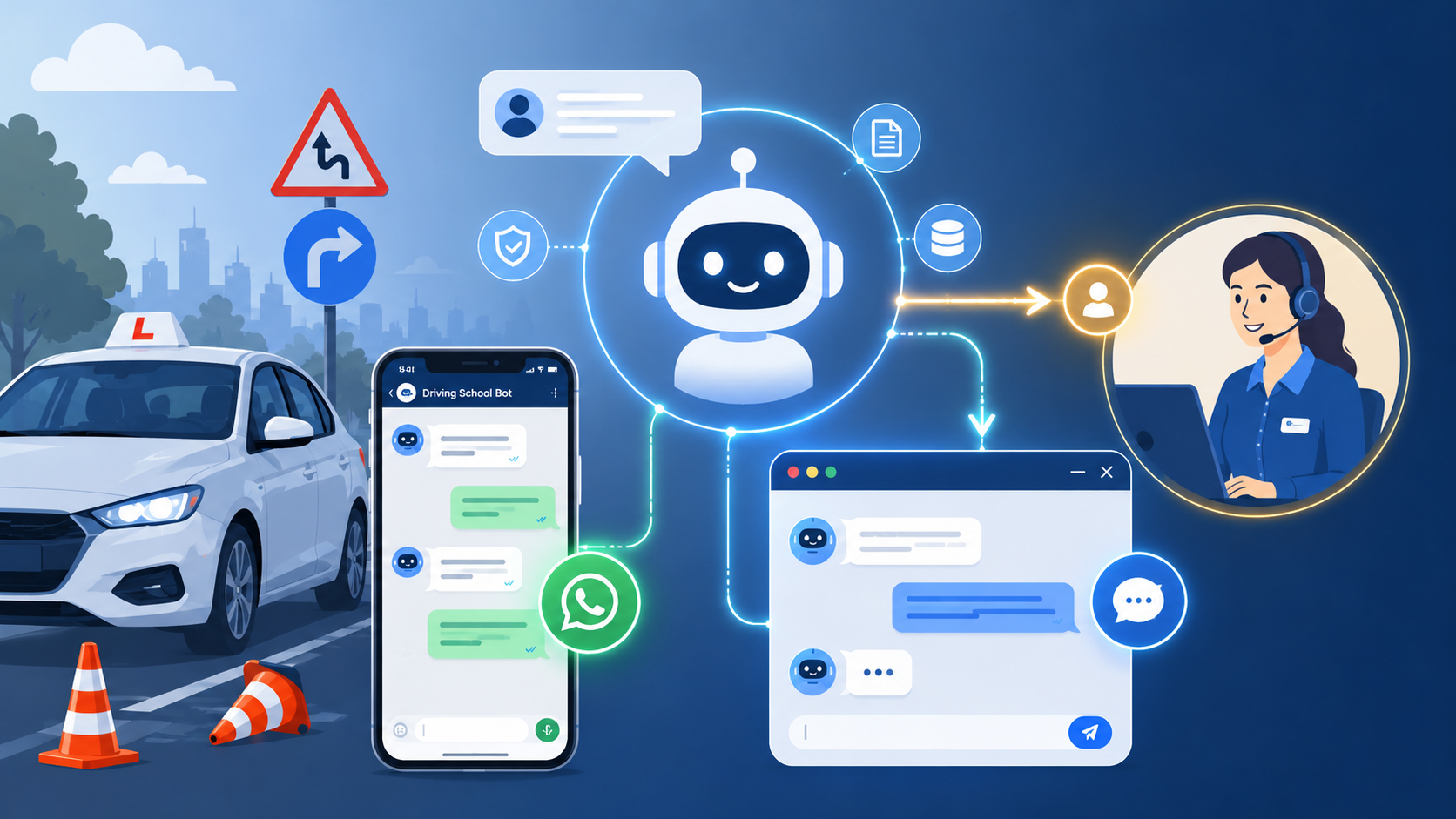 Fahrschulbüro mit Website-Chat und WhatsApp-Assistent
